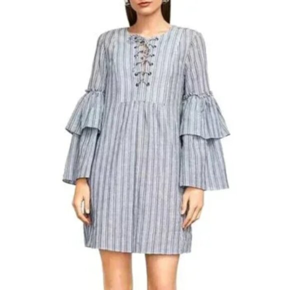 BCBGmaxazria Blue and White Striped Bell Sleeve Cotton Dress - Picture 1 of 16